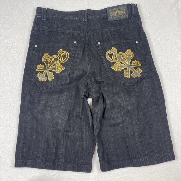Vintage Southpole Jean Shorts 40 Black Jorts Embroidery Baggy Wide y2k Mens - Picture 1 of 10